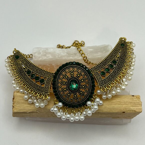 Adjustable Gold with Green Stone Necklace Choker and Earring Set - Picture 3 of 5